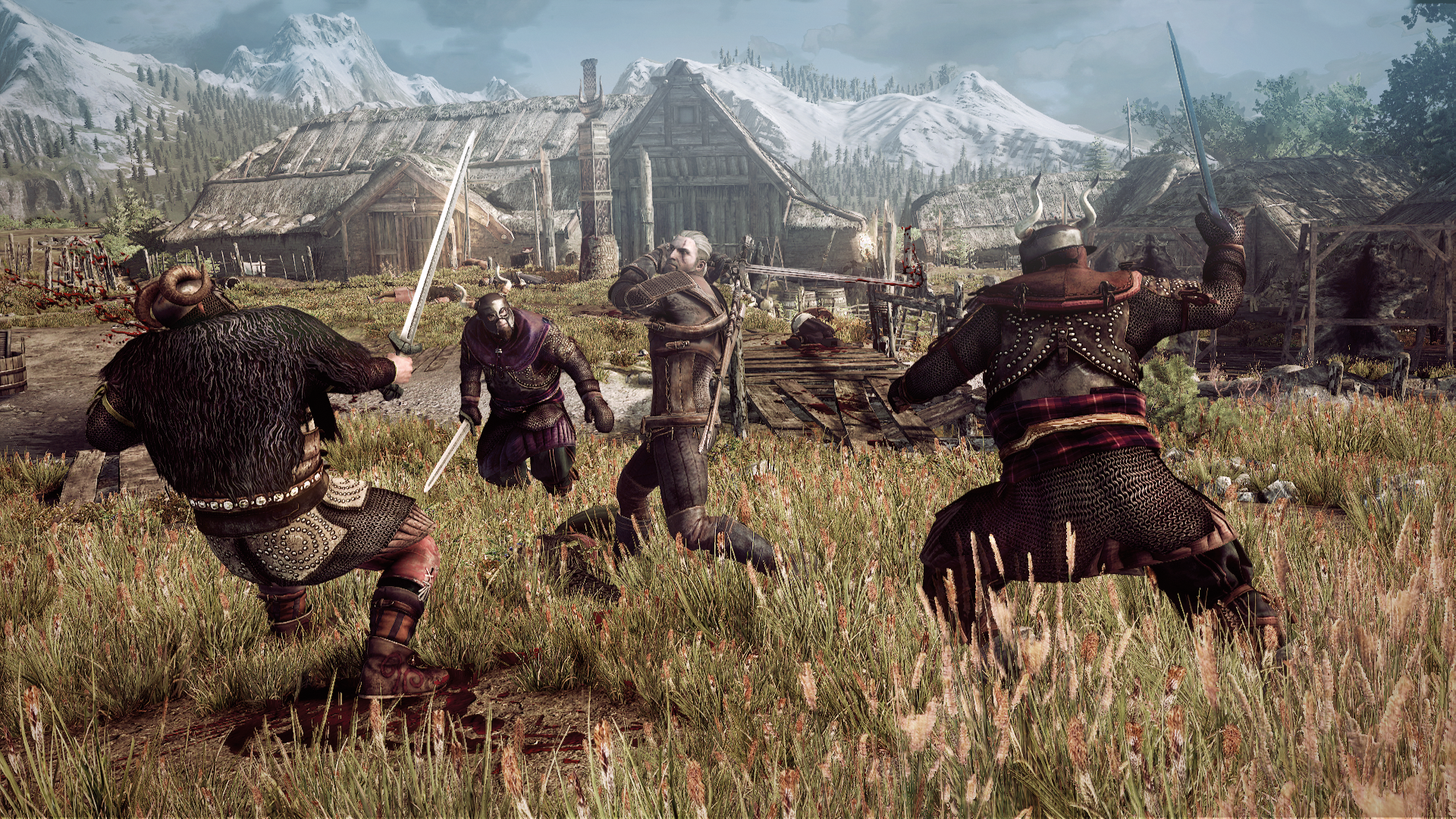 The_Witcher_3_Wild_Hunt_Geralt_fighting_multiple_opponents_in_a_village_in_Skellige