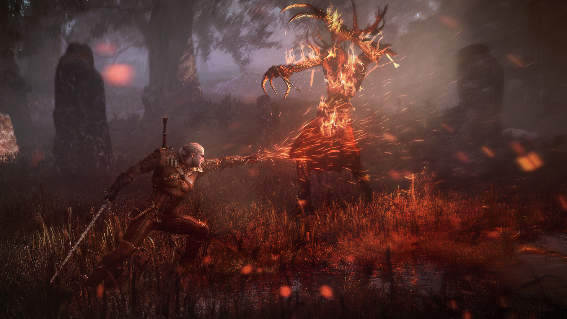 The_Witcher_3_Wild_Hunt_Geralt_uses_Igni_to_torch_leshen